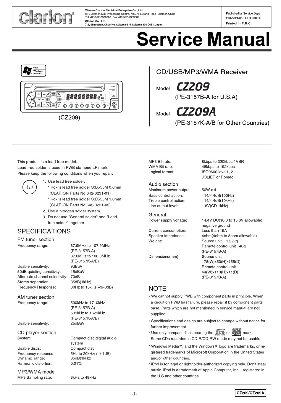CLARION CZ209 SERVICE MANUAL Pdf Download | ManualsLib