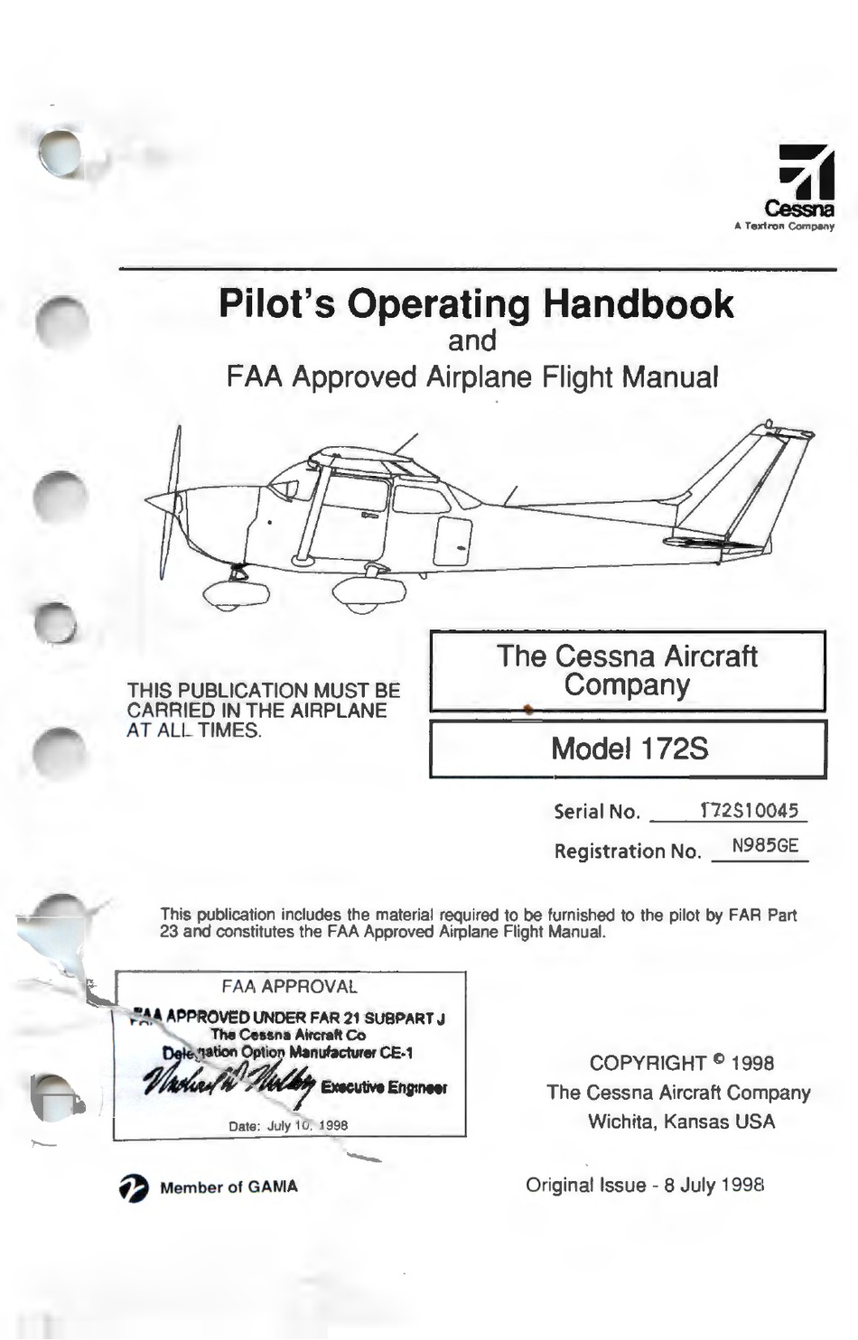 172S Information Manual Cessna Aircraft Airplane Owners Book 172SIM Pilots 