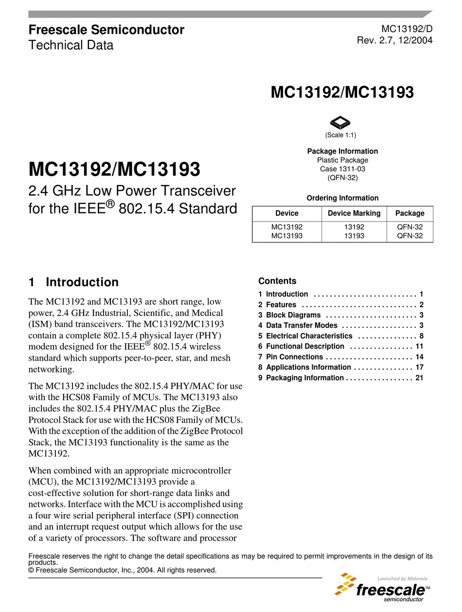 FREESCALE SEMICONDUCTOR MC13192 TECHNICAL DATA MANUAL Pdf Download