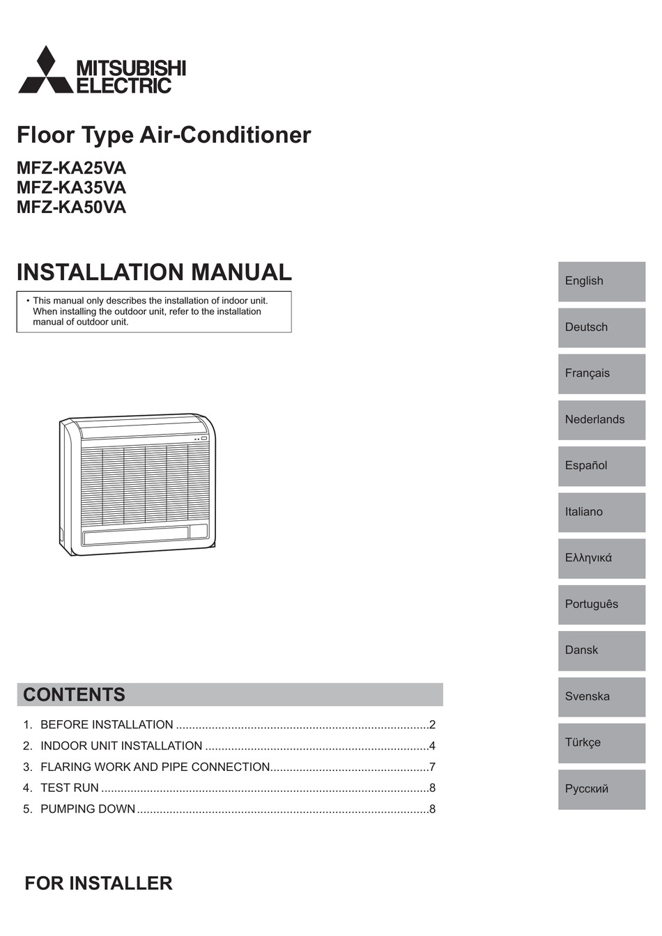 MITSUBISHI ELECTRIC MFZKA25VA INSTALLATION MANUAL Pdf Download