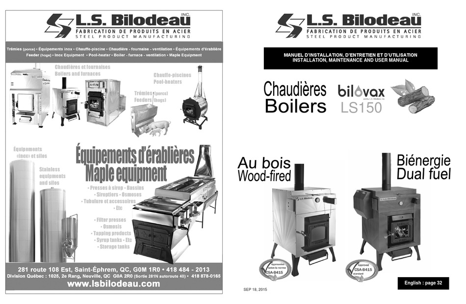 L.S. BILODEAU LS150 INSTALLATION, MAINTENANCE AND USER MANUAL Pdf ...