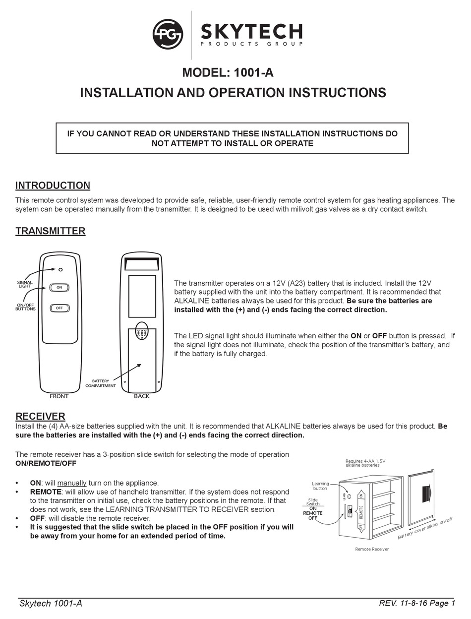 SKYTECH 1001A INSTALLATION AND OPERATION INSTRUCTIONS Pdf Download