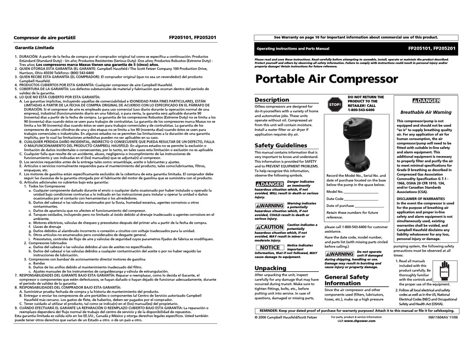 CAMPBELL HAUSFELD FP205101 OPERATING INSTRUCTIONS AND PARTS MANUAL Pdf
