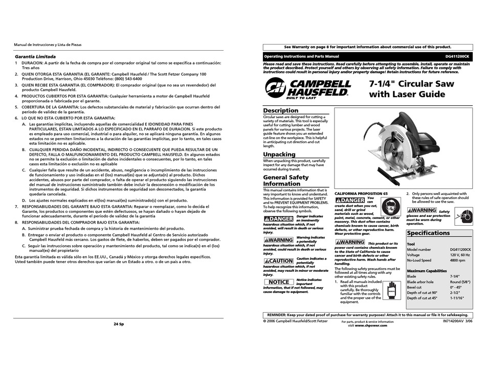 CAMPBELL HAUSFELD DG411200CK OPERATING INSTRUCTIONS AND PARTS MANUAL