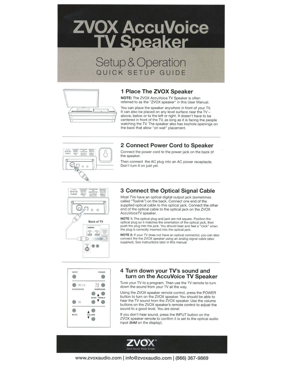 Zvox Audio AccuVoice Quick Setup Manual 