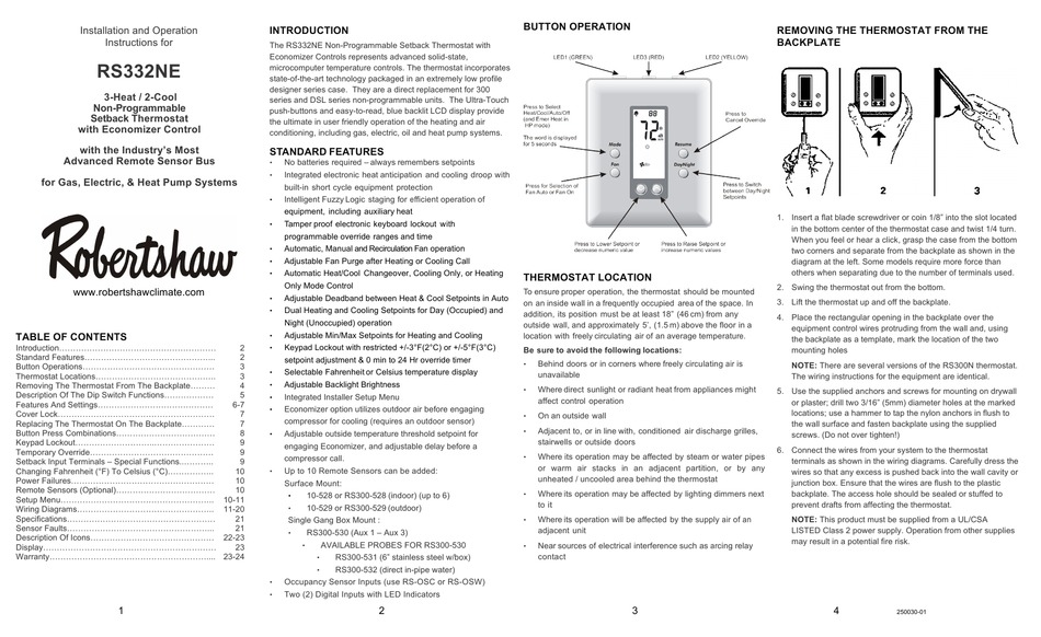 ROBERTSHAW RS332NE INSTALLATION AND OPERATION INSTRUCTIONS FOR Pdf