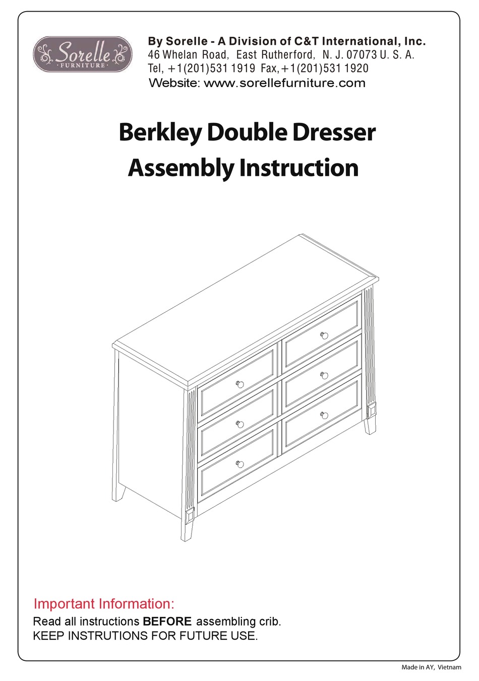 Sorelle Berkley Assembly Instruction, Sorelle Berkley Dresser White