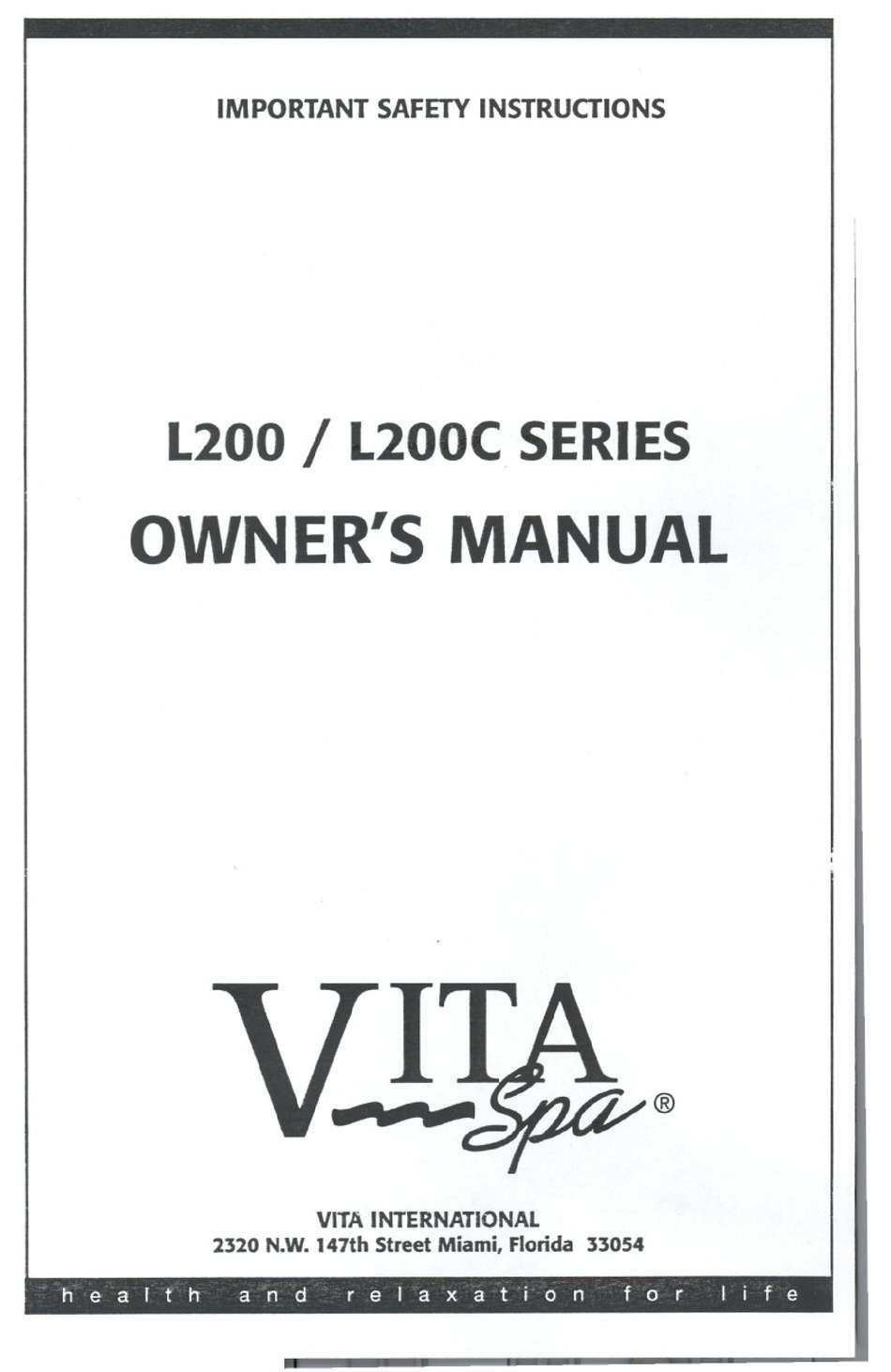 Vita Spa L200 Series Owner S Manual Pdf