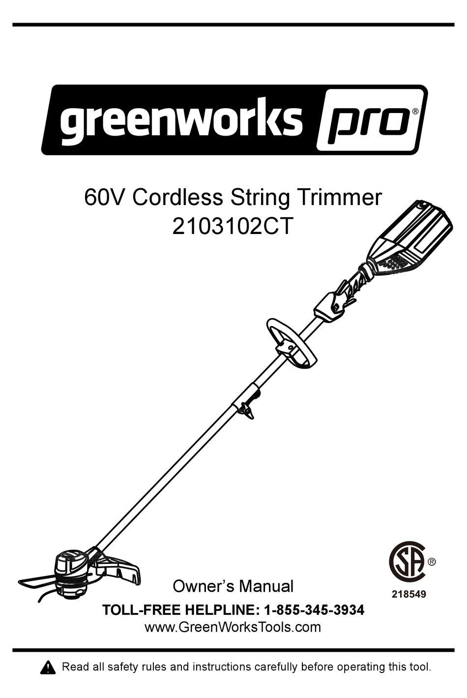 GREENWORKS PRO 2103102CT OWNER'S MANUAL Pdf Download | ManualsLib