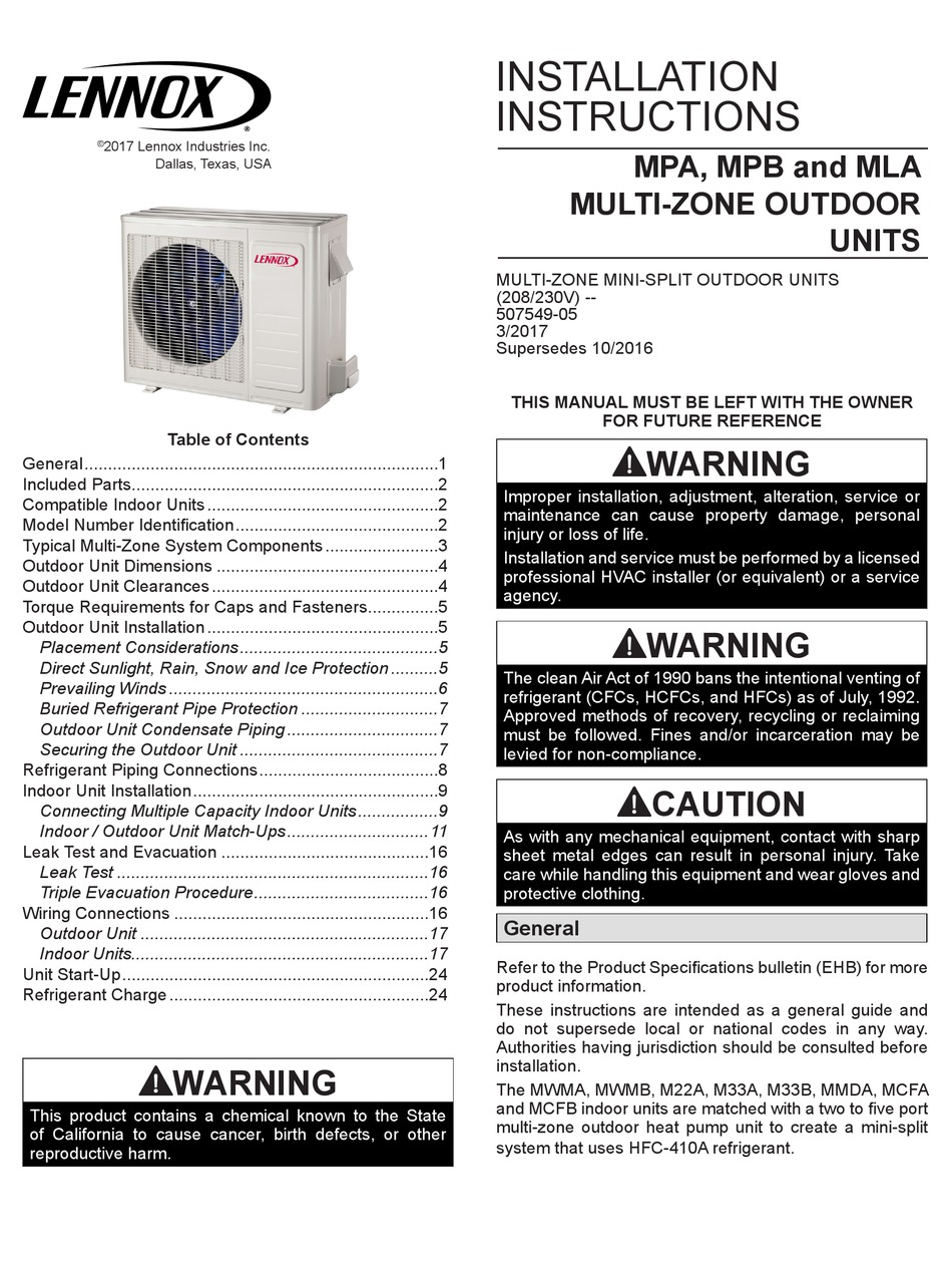 Included Parts; Compatible Indoor Units; Model Number Identification -  Lennox MPA018S4M-*P Installation Instructions Manual [Page 2] | ManualsLib