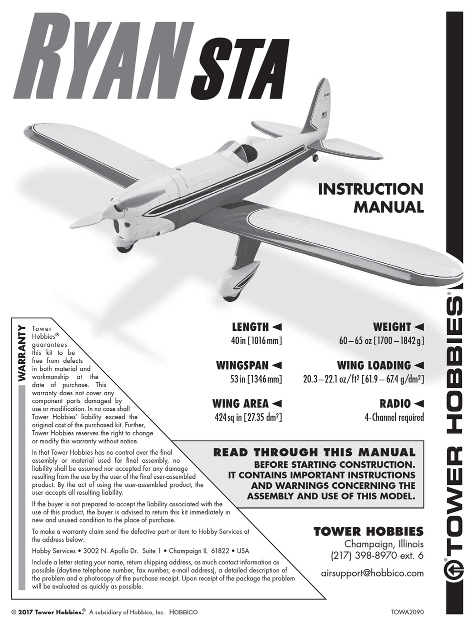 TOWER HOBBIES RYAN STA INSTRUCTION MANUAL Pdf Download ManualsLib