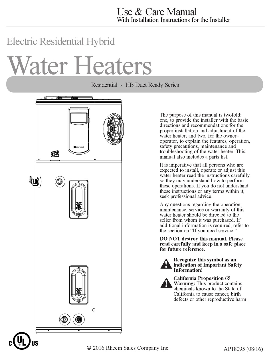 Rheem Hb Duct Ready Series Use Care Manual Pdf Download Manualslib