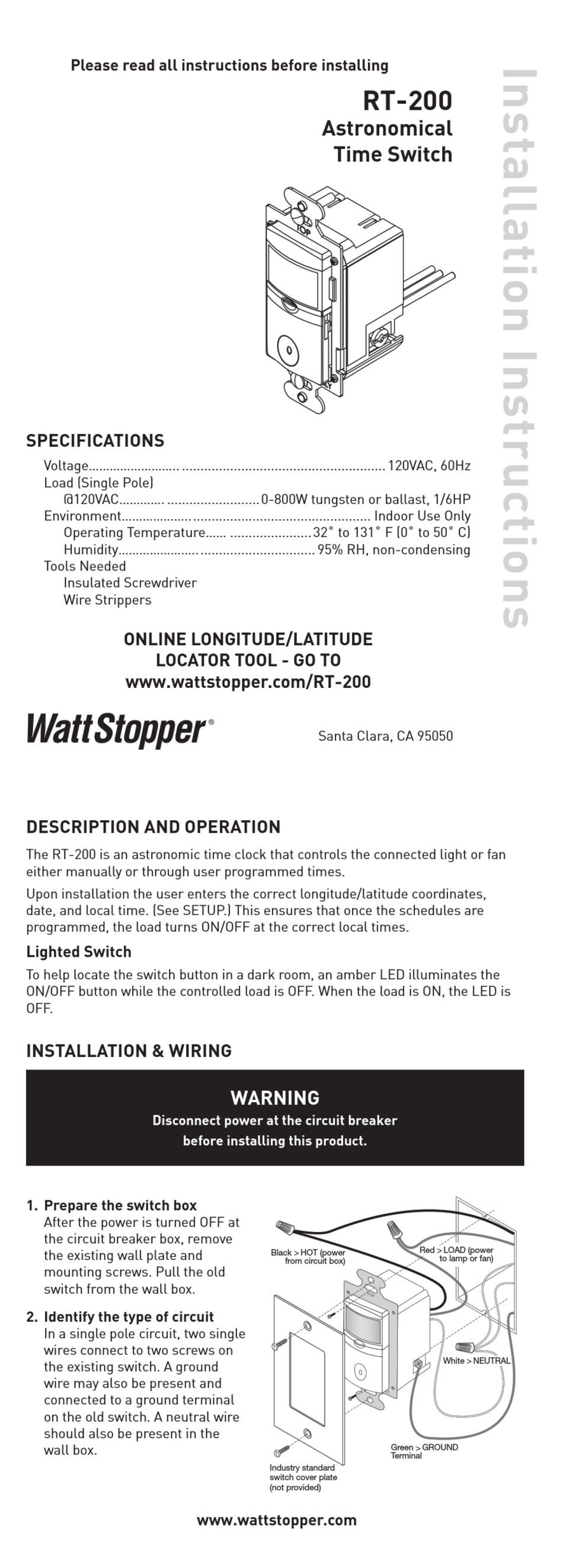 WATTSTOPPER RT200 INSTALLATION INSTRUCTIONS MANUAL Pdf Download