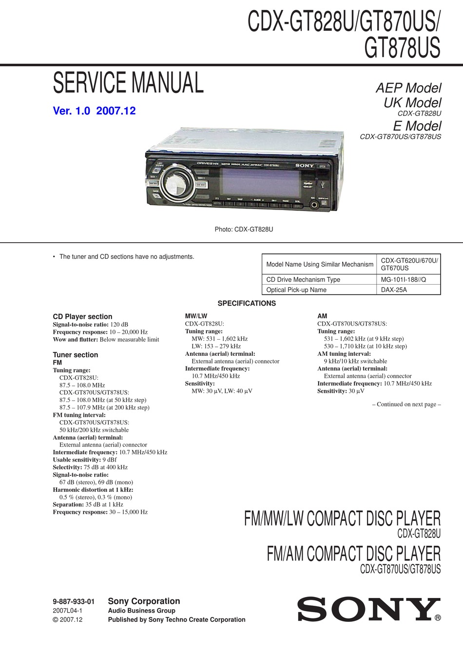 SONY CDX-GT828U SERVICE MANUAL Pdf Download | ManualsLib