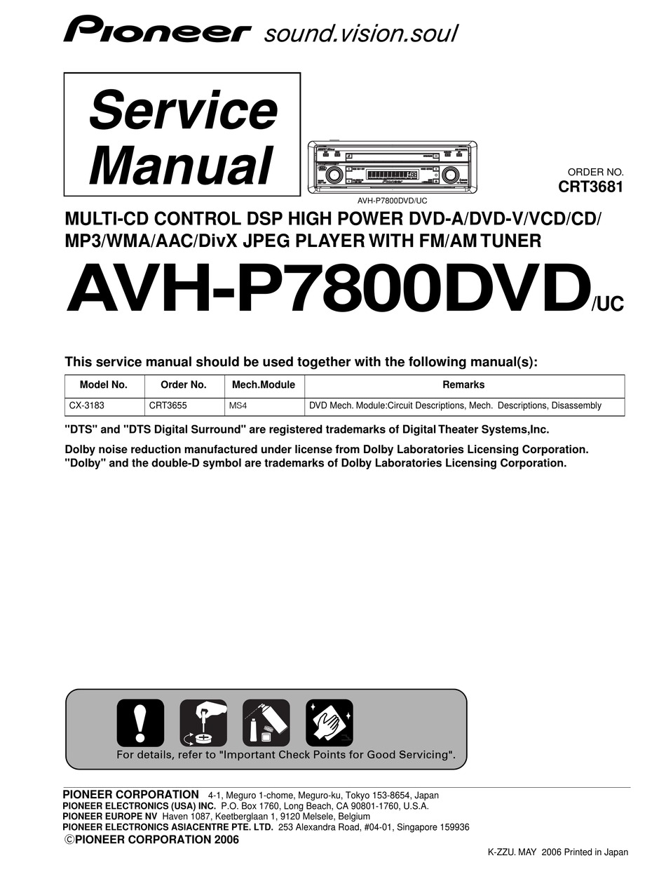Pioneer Avh P7800dvd Uc Service Manual Pdf Download Manualslib