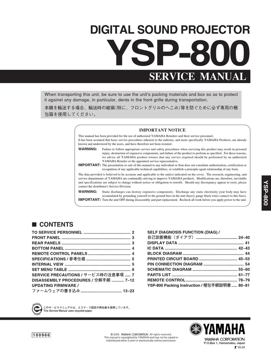 Yamaha Ysp 800 Service Manual Pdf Download Manualslib