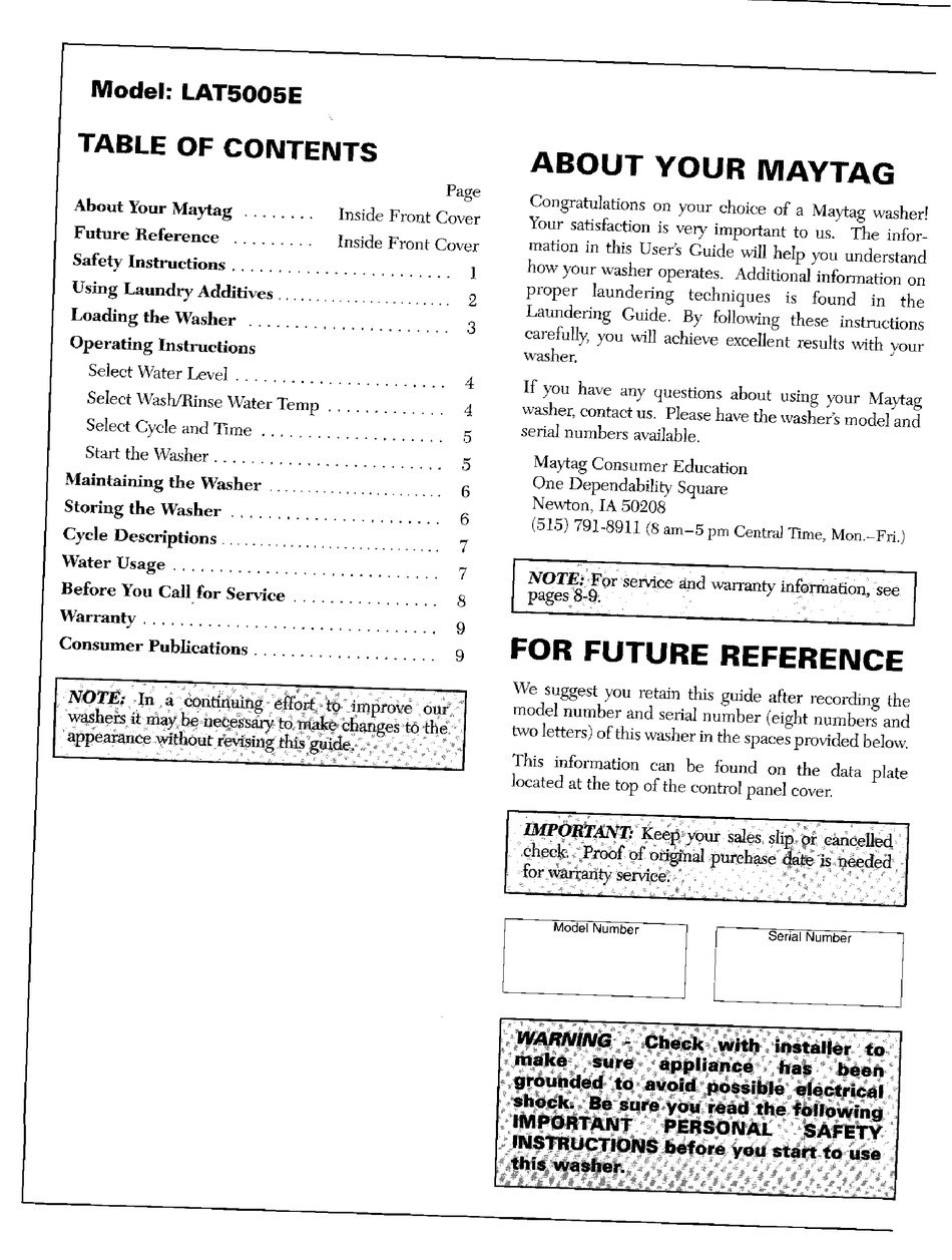MAYTAG LAT5005E USER MANUAL Pdf Download ManualsLib