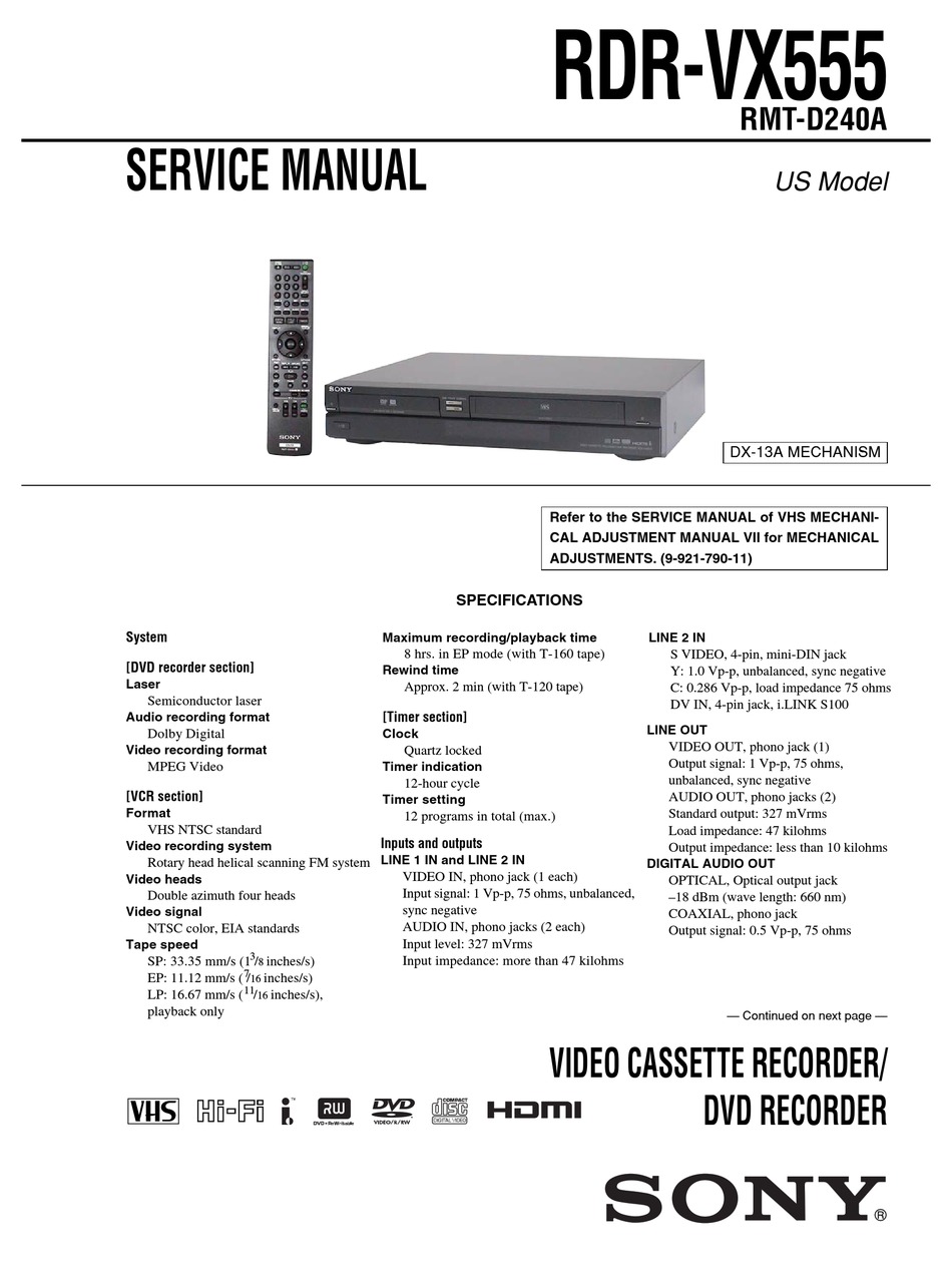 Operating Instructions user manual for Sony RDR-VX555 