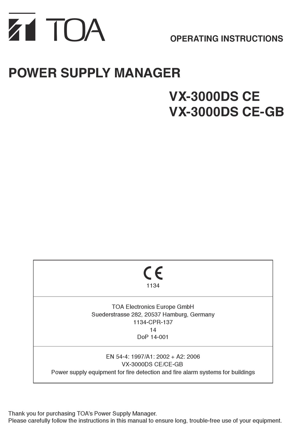 Toa Vx 3000ds Ce Operating Instructions Manual Pdf Download Manualslib