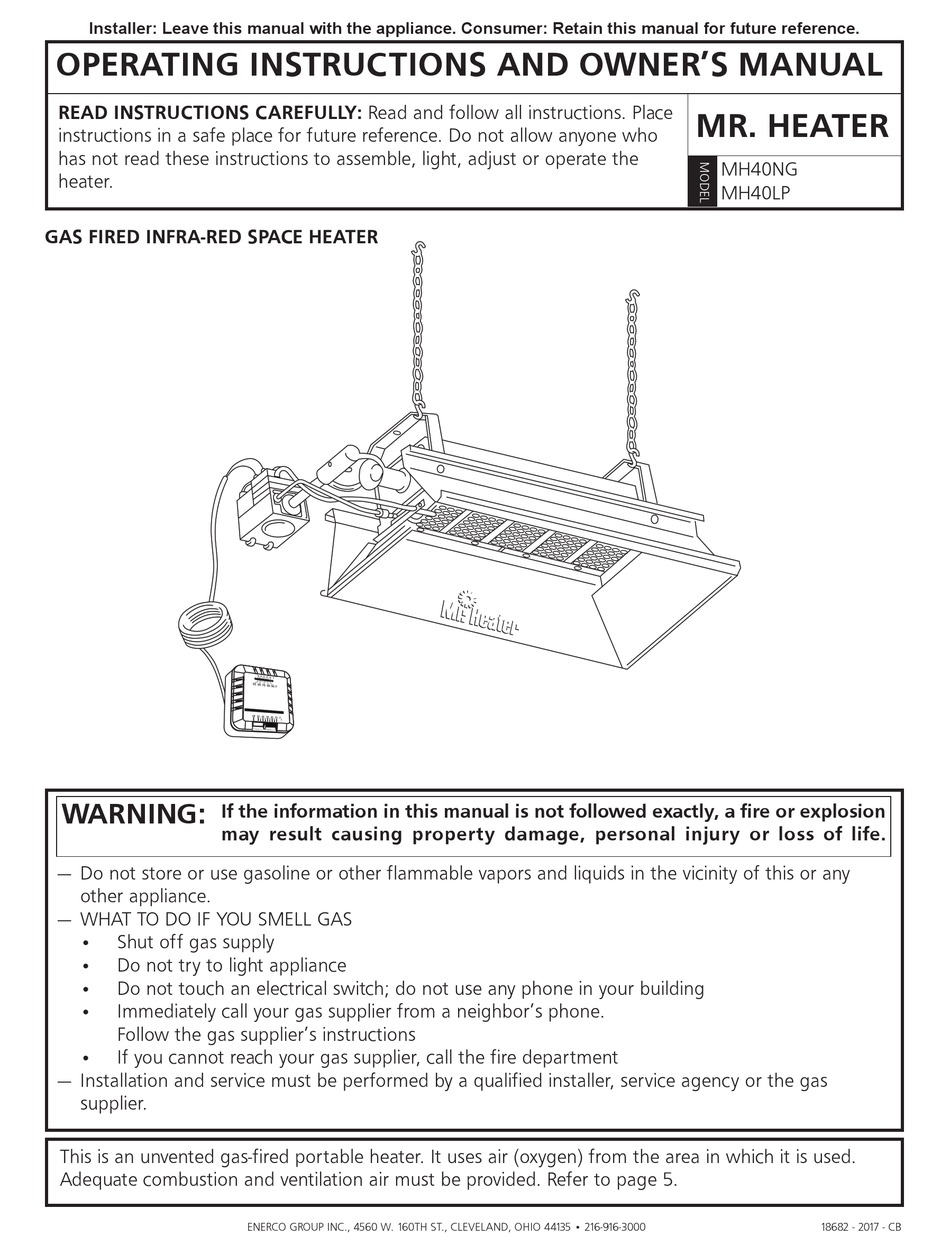 ENERCO MR. HEATER MH40NG OPERATING INSTRUCTIONS AND OWNER'S MANUAL Pdf