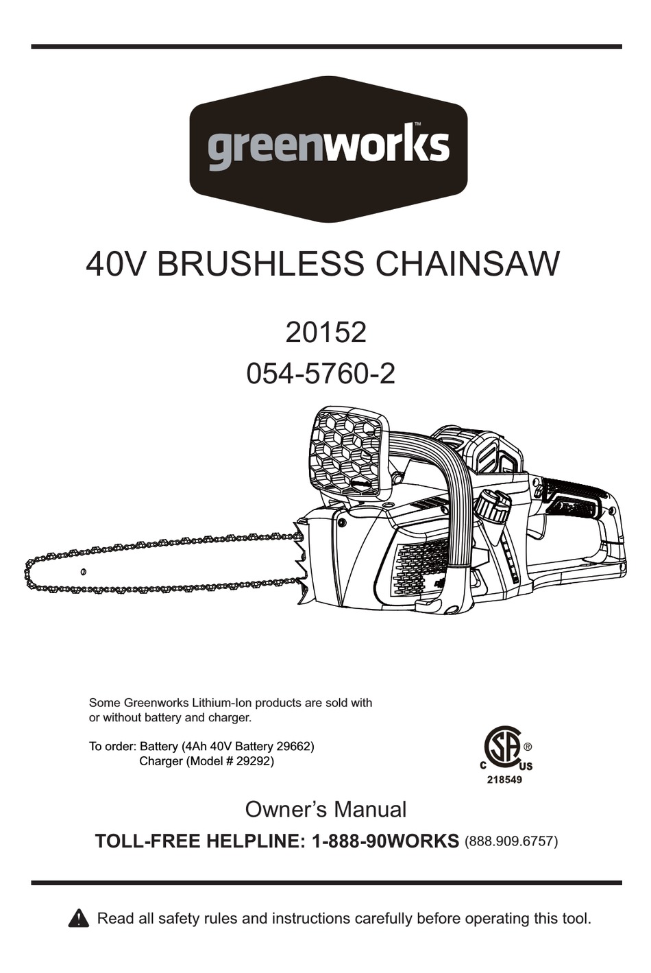 GREENWORKS 054-5760-2 OWNER'S MANUAL 