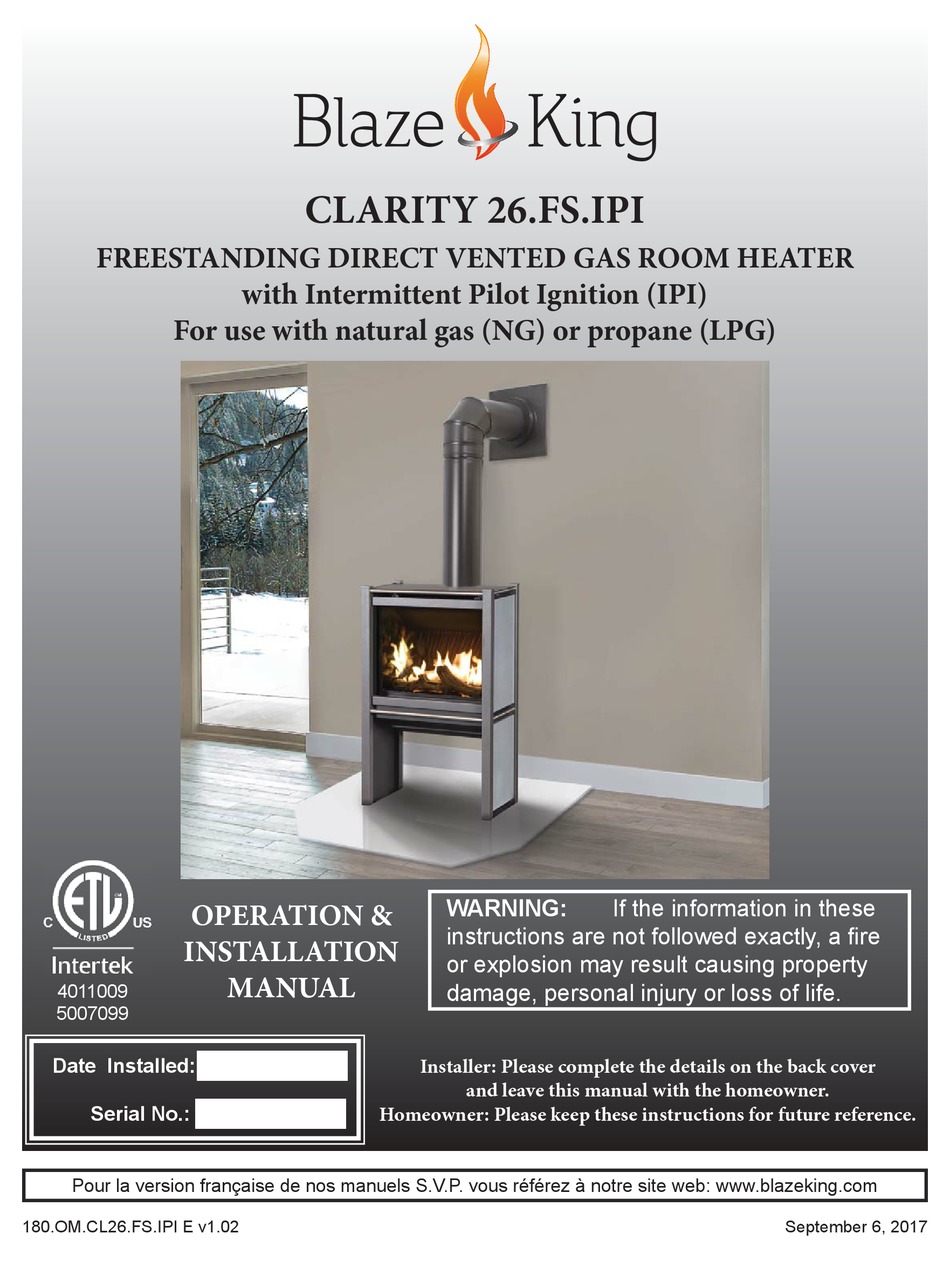 BLAZE KING CLARITY 26.FS.IPI OPERATION & INSTALLATION MANUAL Pdf