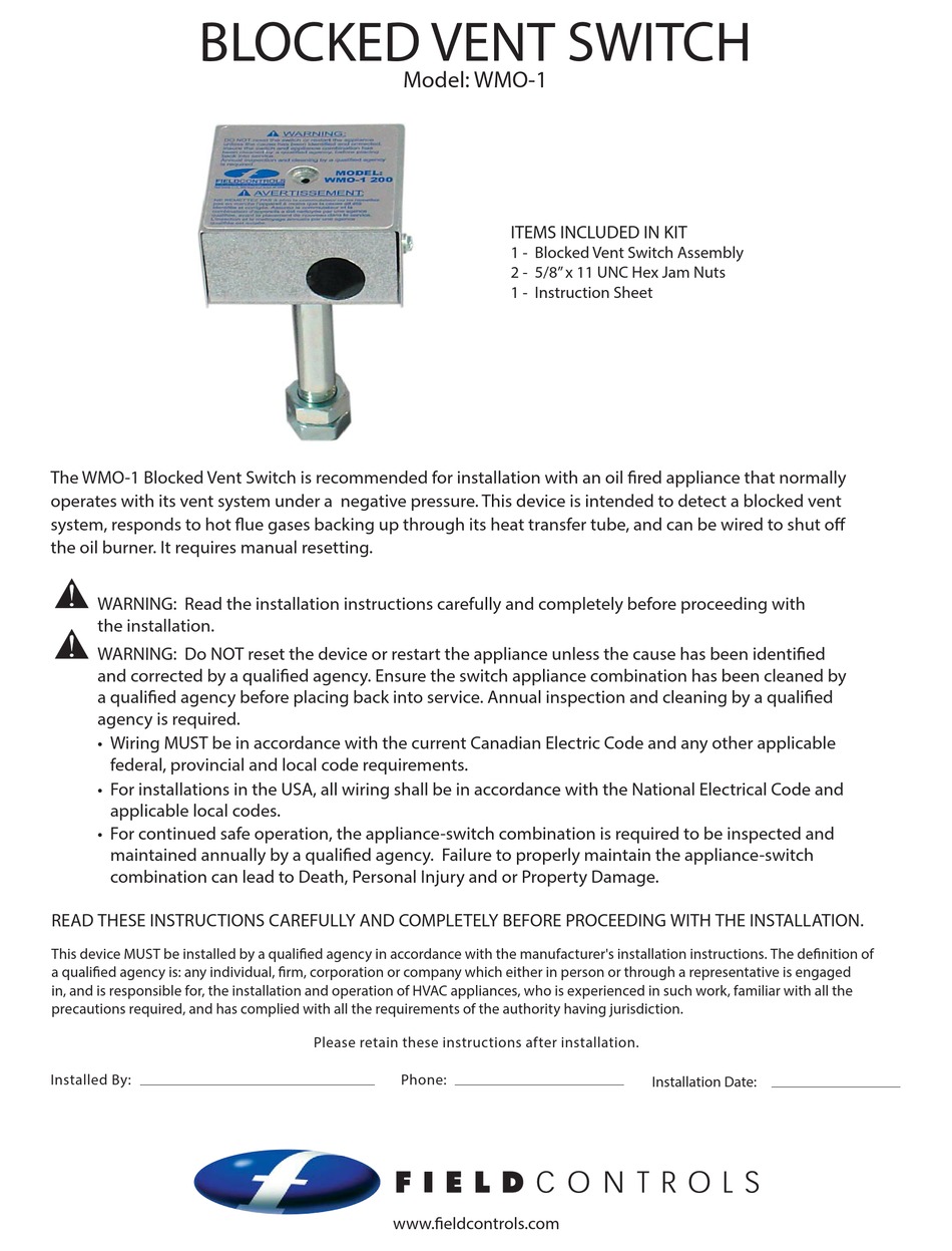 FIELD CONTROLS WMO1 MANUAL Pdf Download ManualsLib