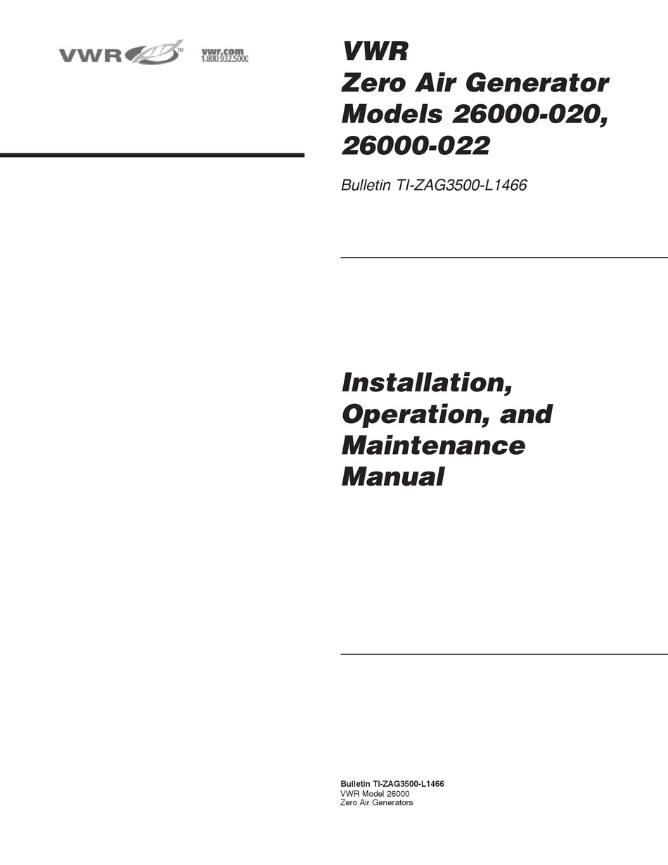 VWR 26000020 INSTALLATION, OPERATION AND MAINTENANCE MANUAL Pdf