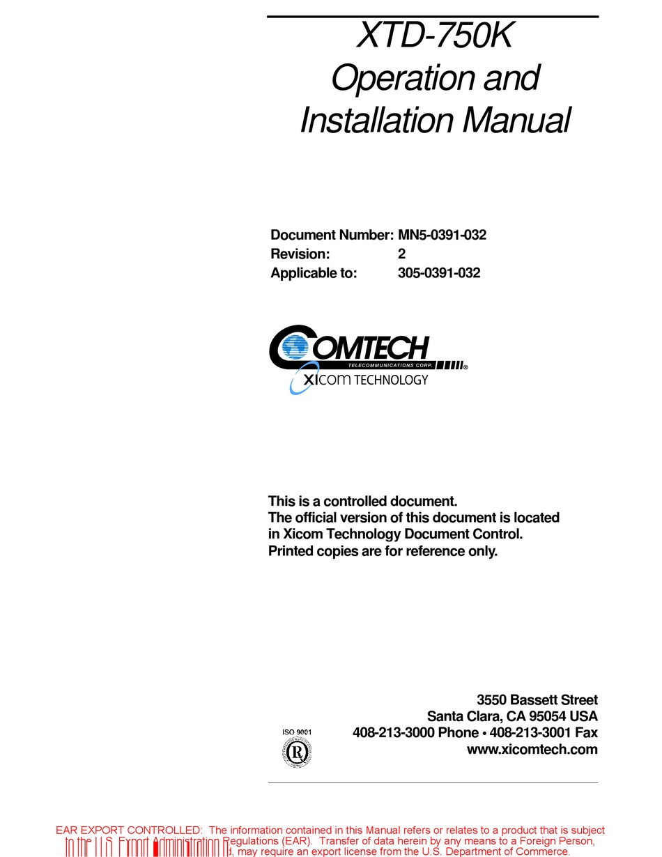 COMTECH XICOM TECHNOLOGY XTD-750K OPERATION AND INSTALLATION MANUAL Pdf ...