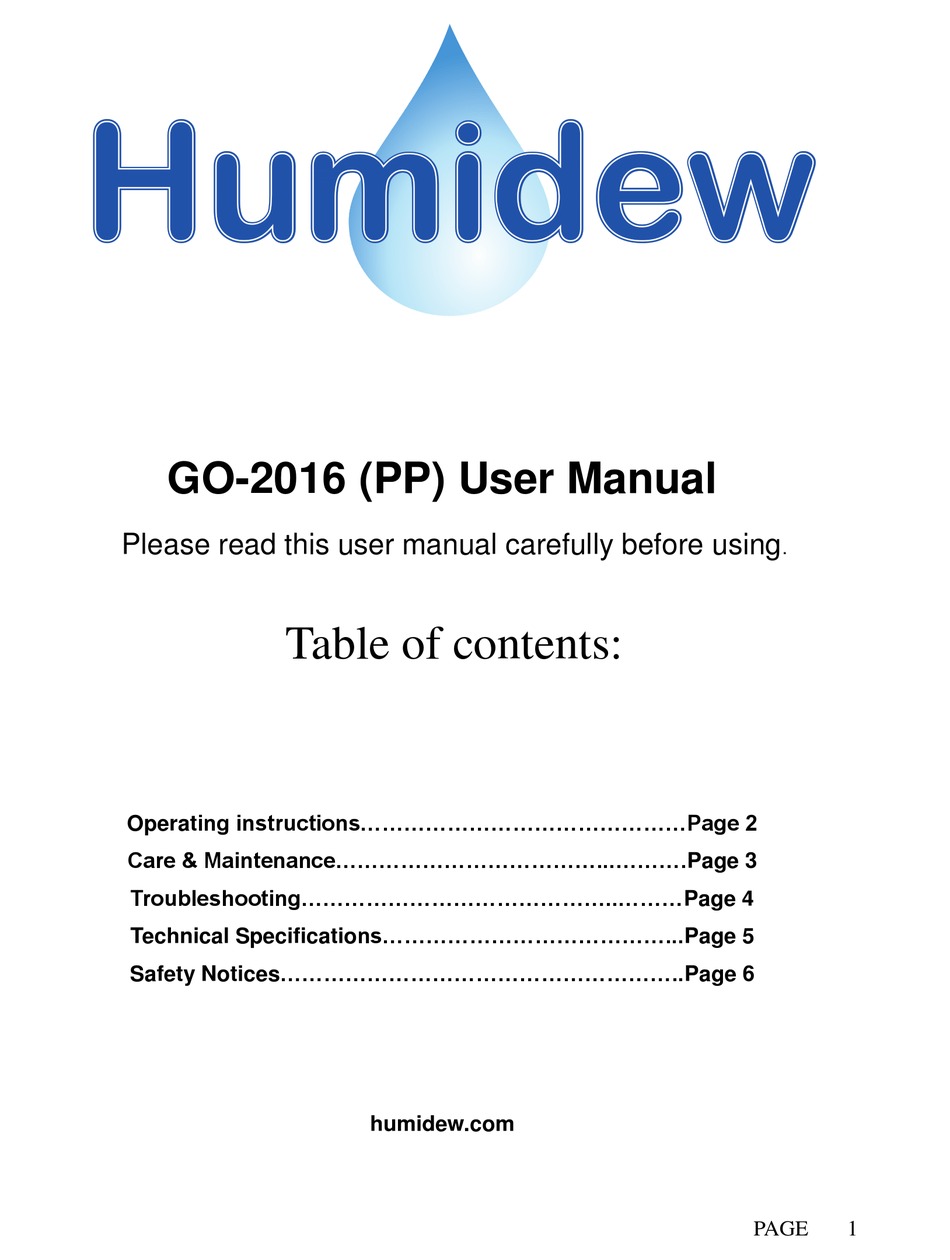 HUMIDEW GO2016 (PP) USER MANUAL Pdf Download ManualsLib