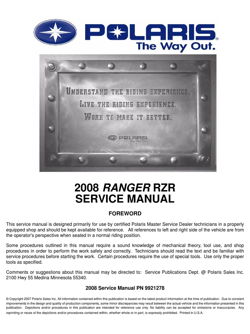 POLARIS RANGER RZR 2008 SERVICE MANUAL Pdf Download | ManualsLib