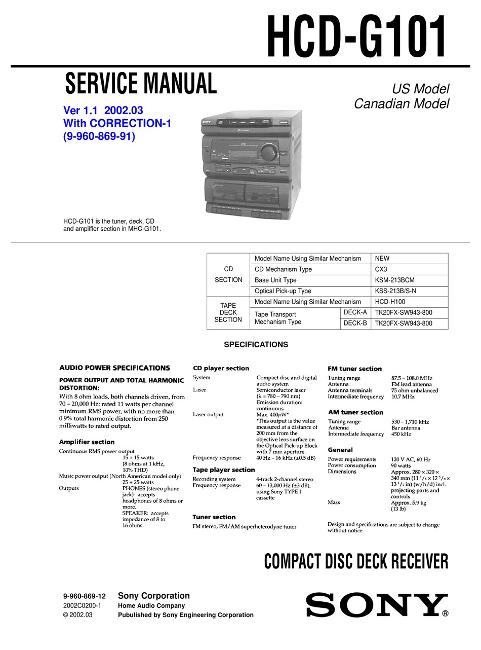 Sony Hcd G101 Service Manual Pdf Download Manualslib