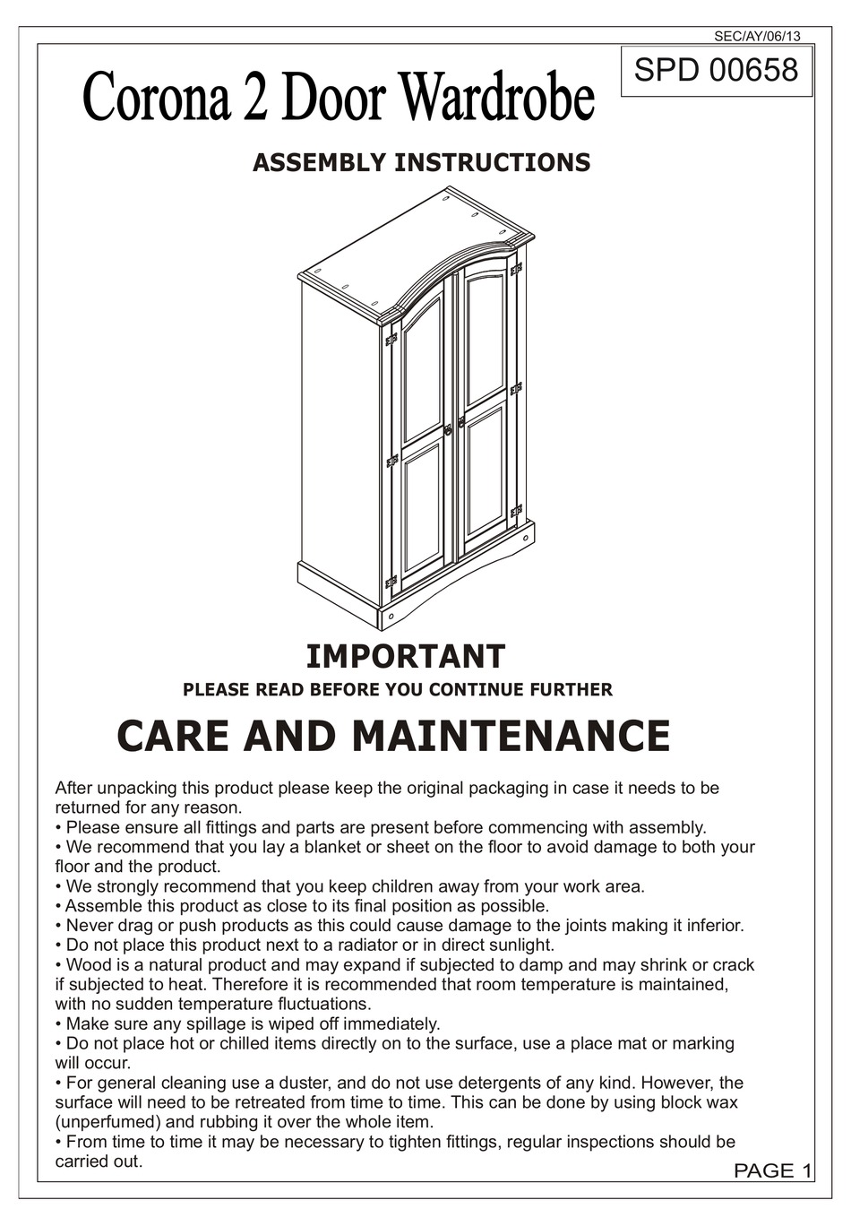 MERCERS FURNITURE CORONA 2 DOOR WARDROBE ASSEMBLY INSTRUCTIONS MANUAL