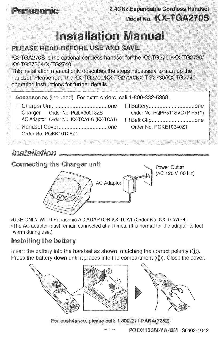 PANASONIC KX-TGA270S INSTALLATION MANUAL Pdf Download | ManualsLib