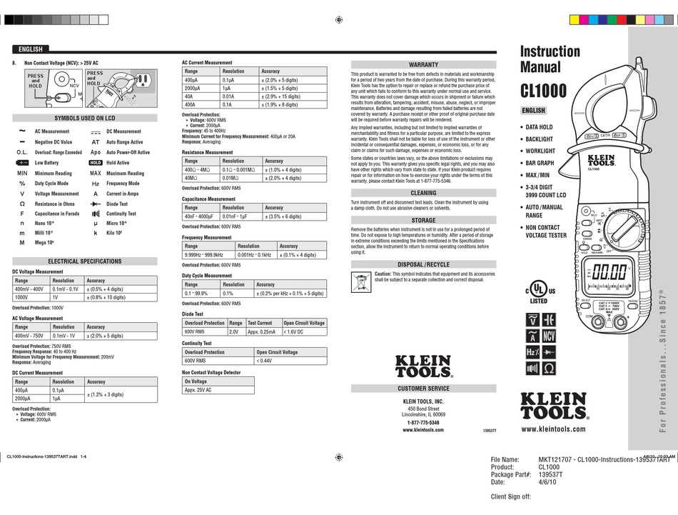 KLEIN TOOLS CL1000 INSTRUCTION MANUAL Pdf Download ManualsLib