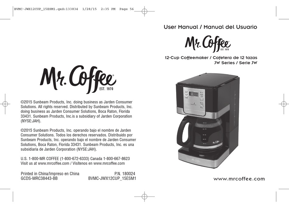 MR. COFFEE BVMCJWX12CUP 180024 USER MANUAL Pdf Download