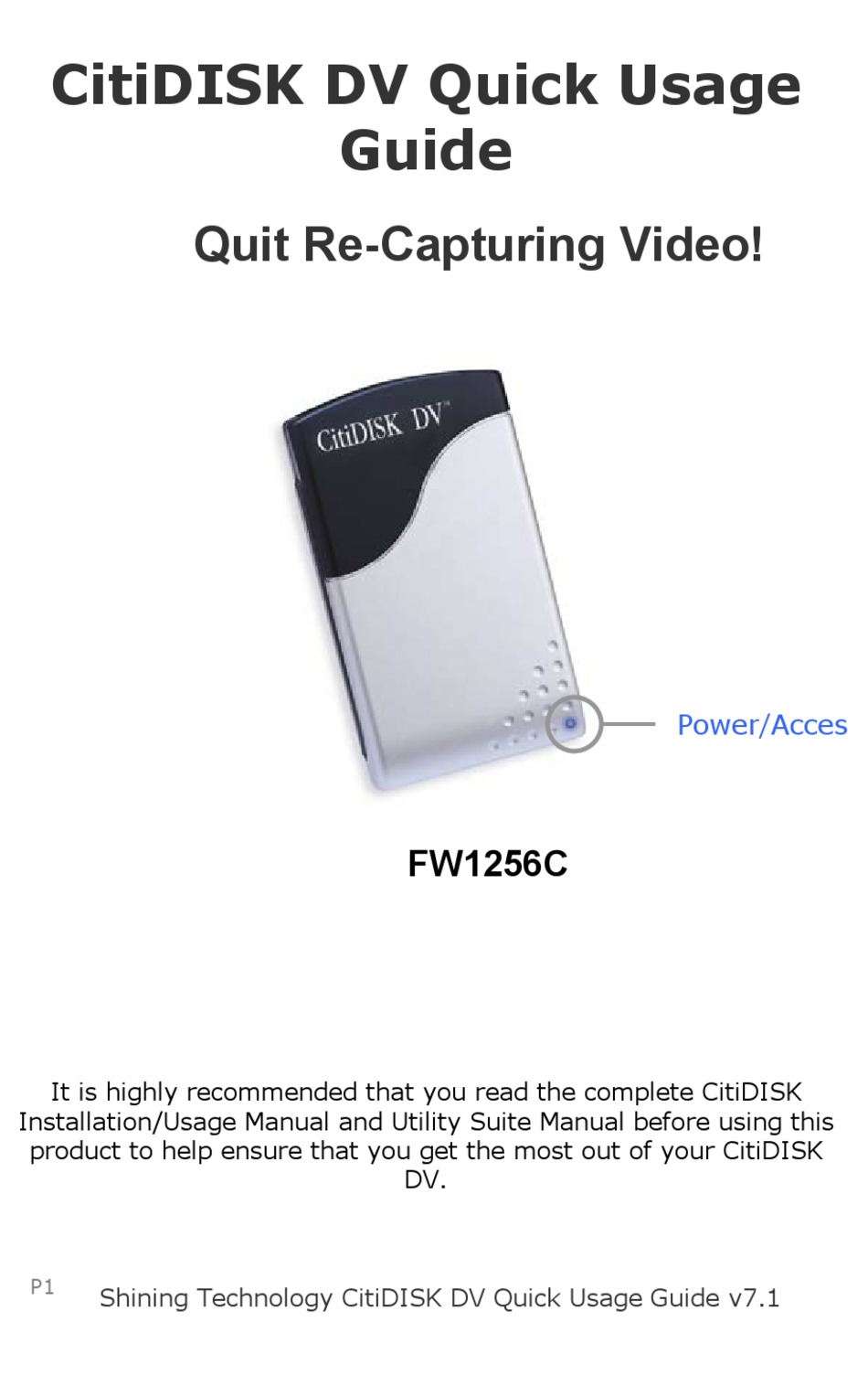 SHINING TECHNOLOGY CITIDISK DV FW1256C QUICK USE MANUAL Pdf Download