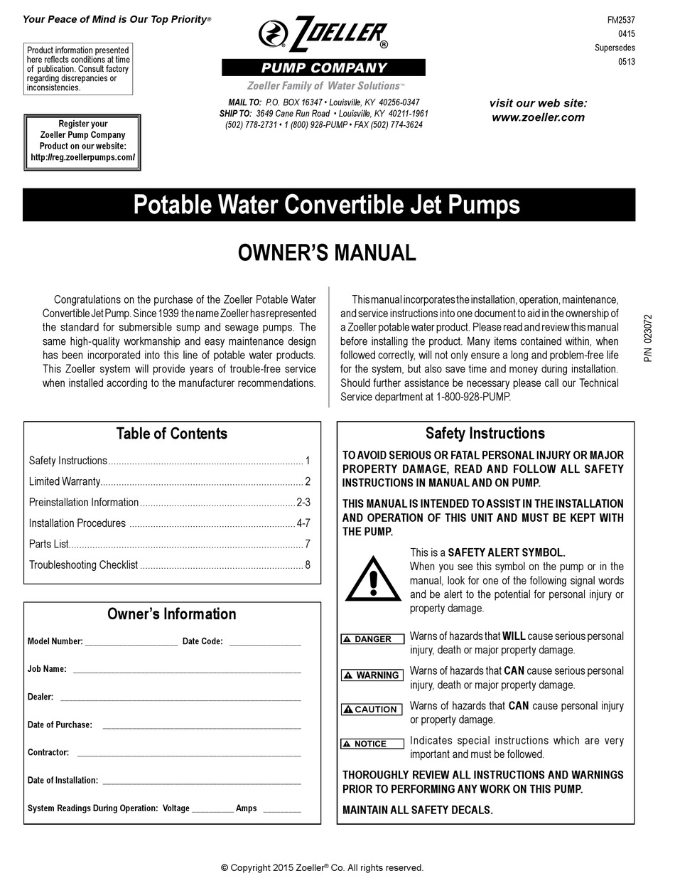 ZOELLER 023072 OWNER'S MANUAL Pdf Download | ManualsLib