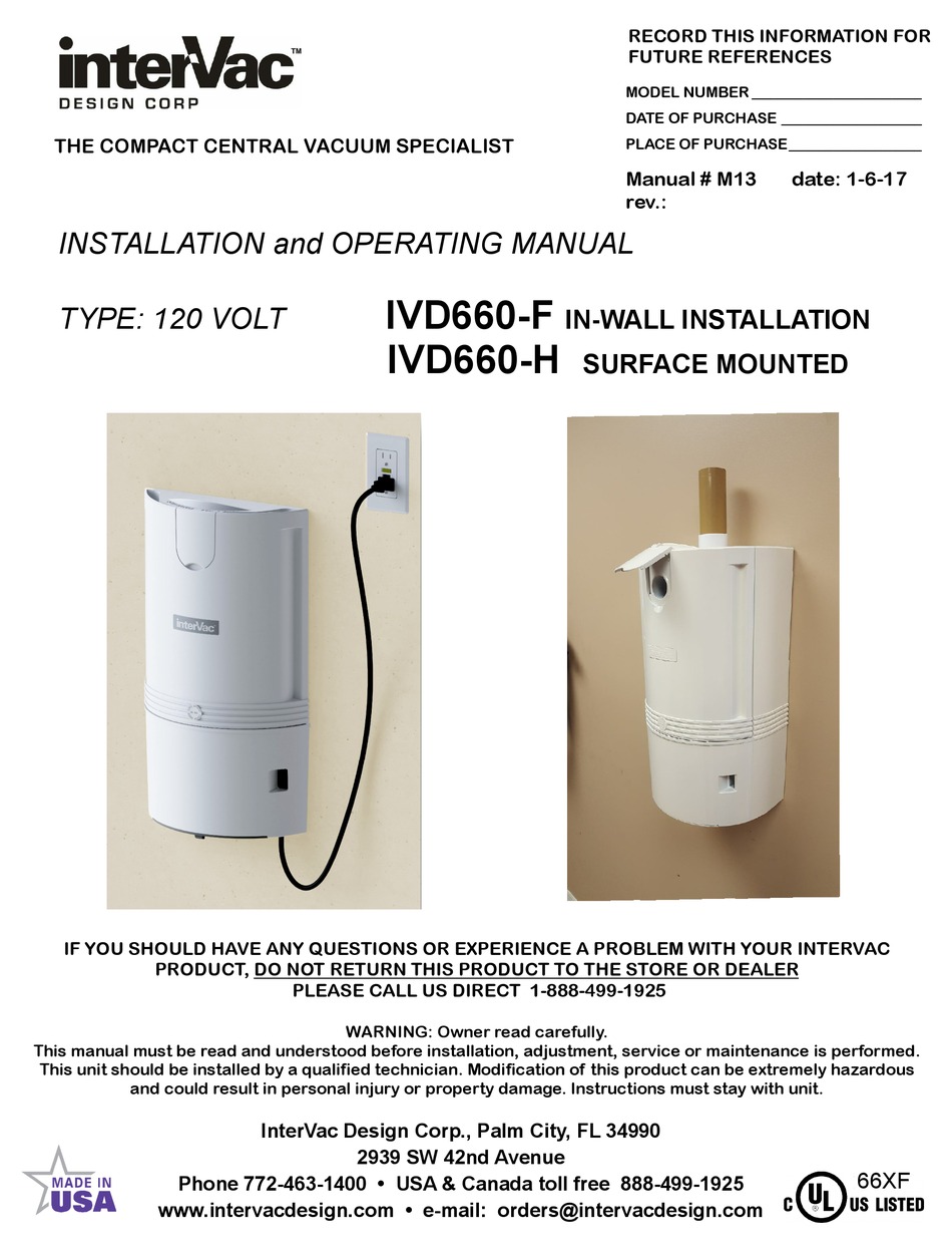 INTERVAC IVD660-F INSTALLATION AND 
