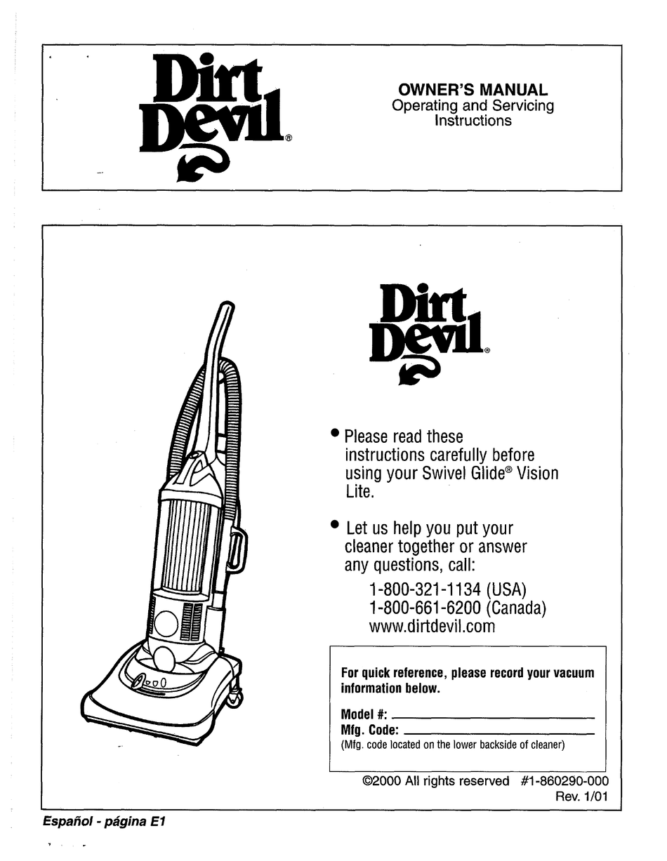 DIRT DEVIL SWIVEL GLIDE OWNER'S MANUAL Pdf Download ManualsLib