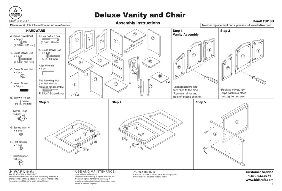 Kidkraft 13018b Assembly Instruction, Kidkraft Deluxe Vanity Table With Chair