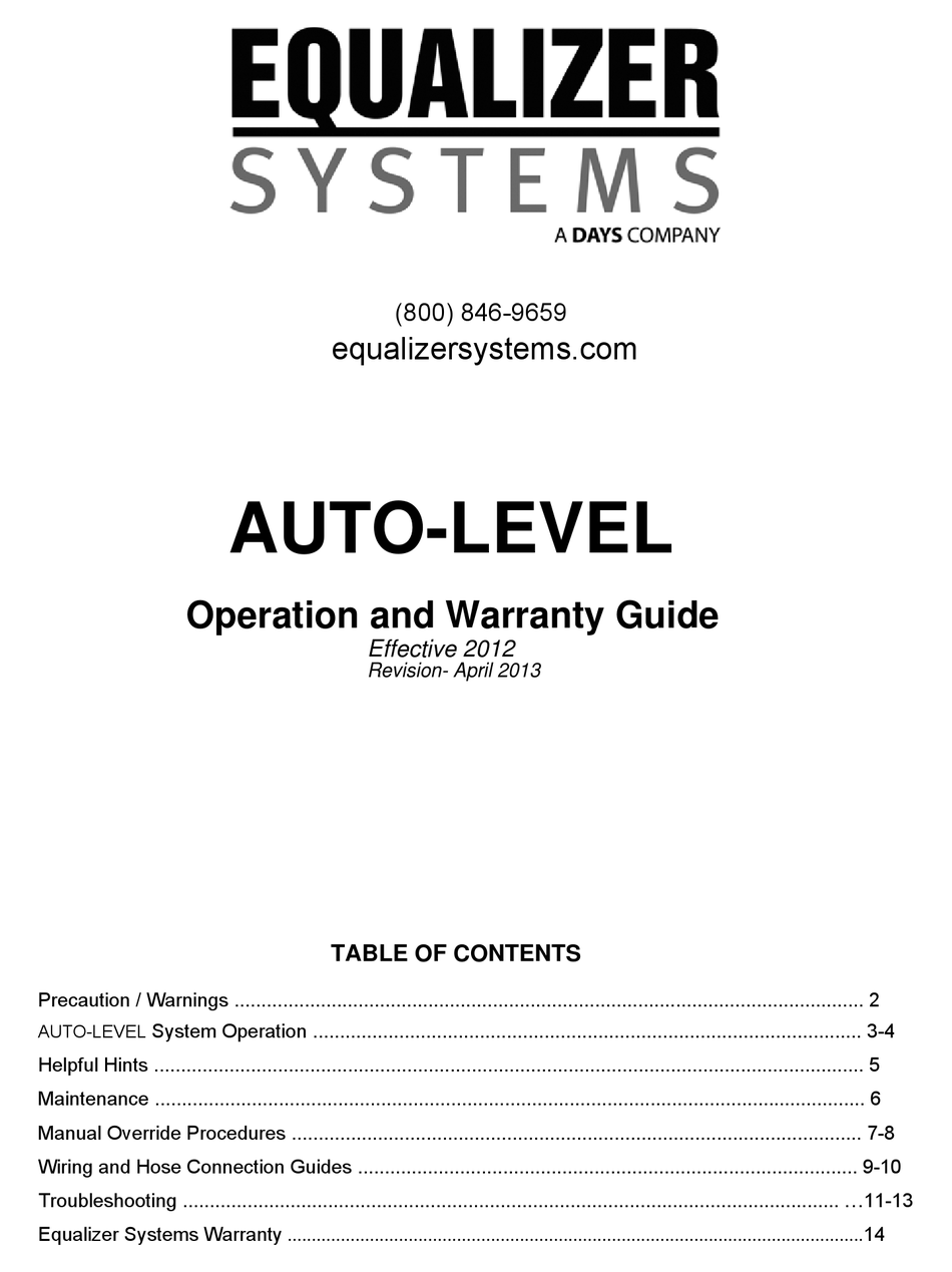 EQUALIZER SYSTEMS AUTO LEVEL OPERATION AND WARRANTY MANUAL Pdf Download