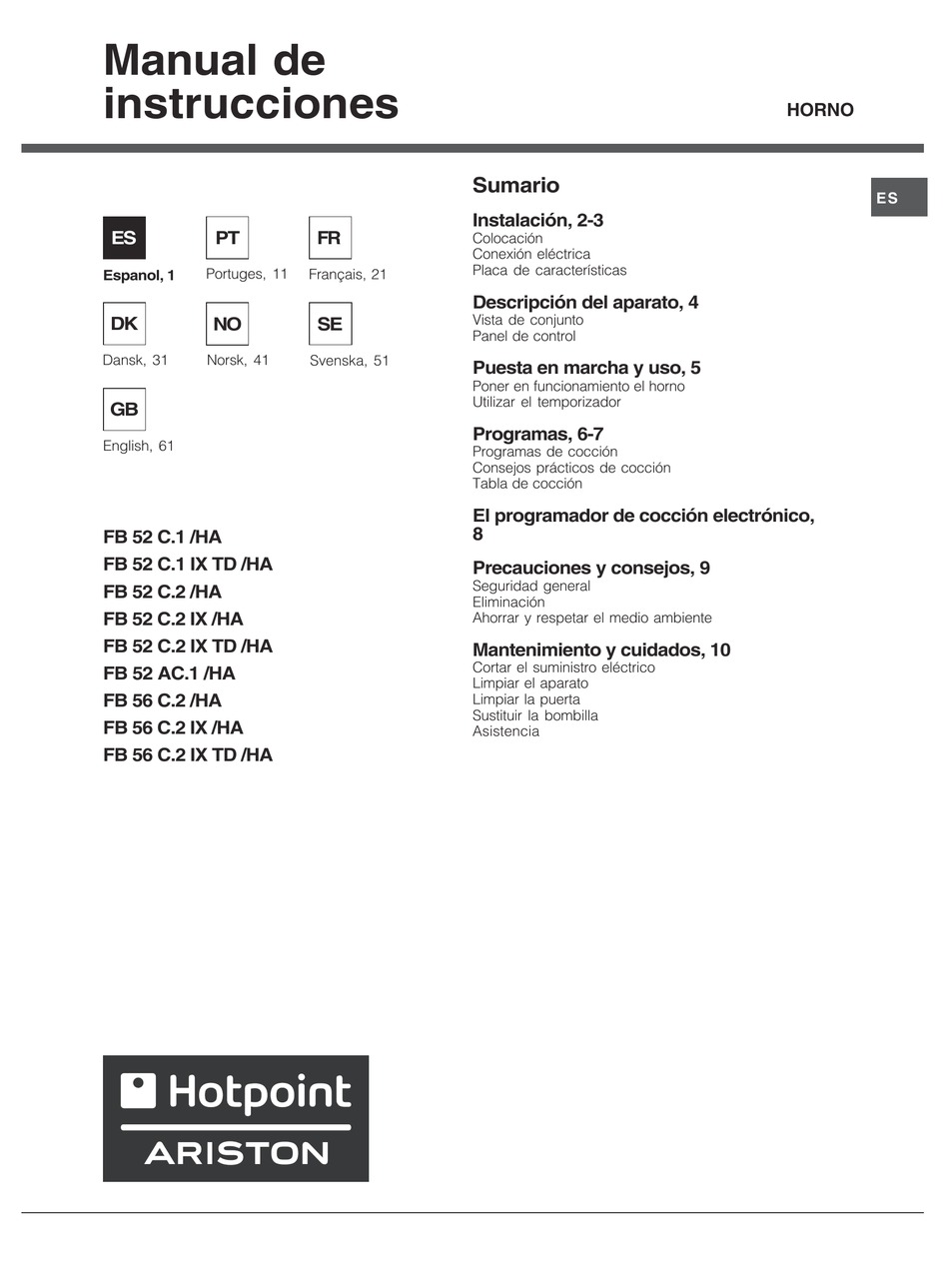 HOTPOINT ARISTON FB 52 C.1/HA OPERATING INSTRUCTIONS MANUAL Pdf Download |  ManualsLib