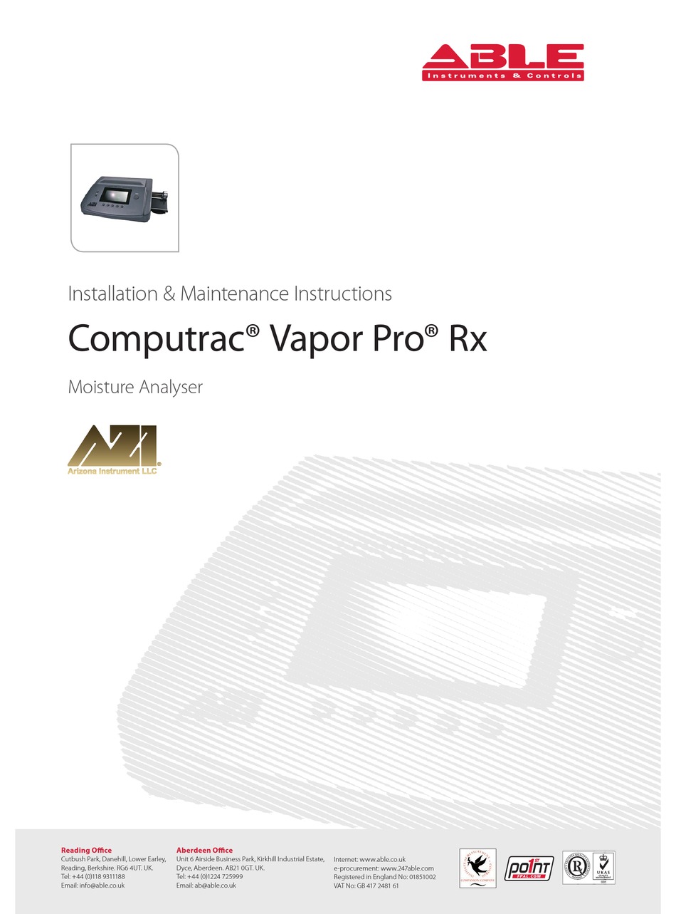 ABLE COMPUTRAC VAPOR PRO RX INSTALLATION & MAINTENANCE INSTRUCTIONS