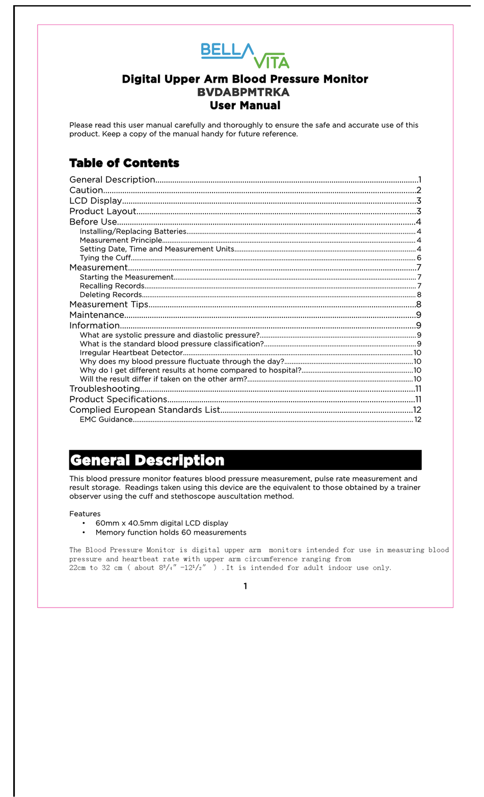 bella vita blood pressure monitor manual