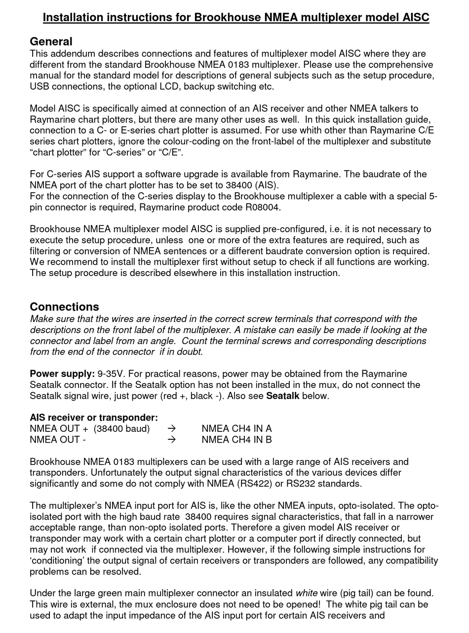 BROOKHOUSE NMEA AISC INSTALLATION INSTRUCTIONS MANUAL Pdf Download