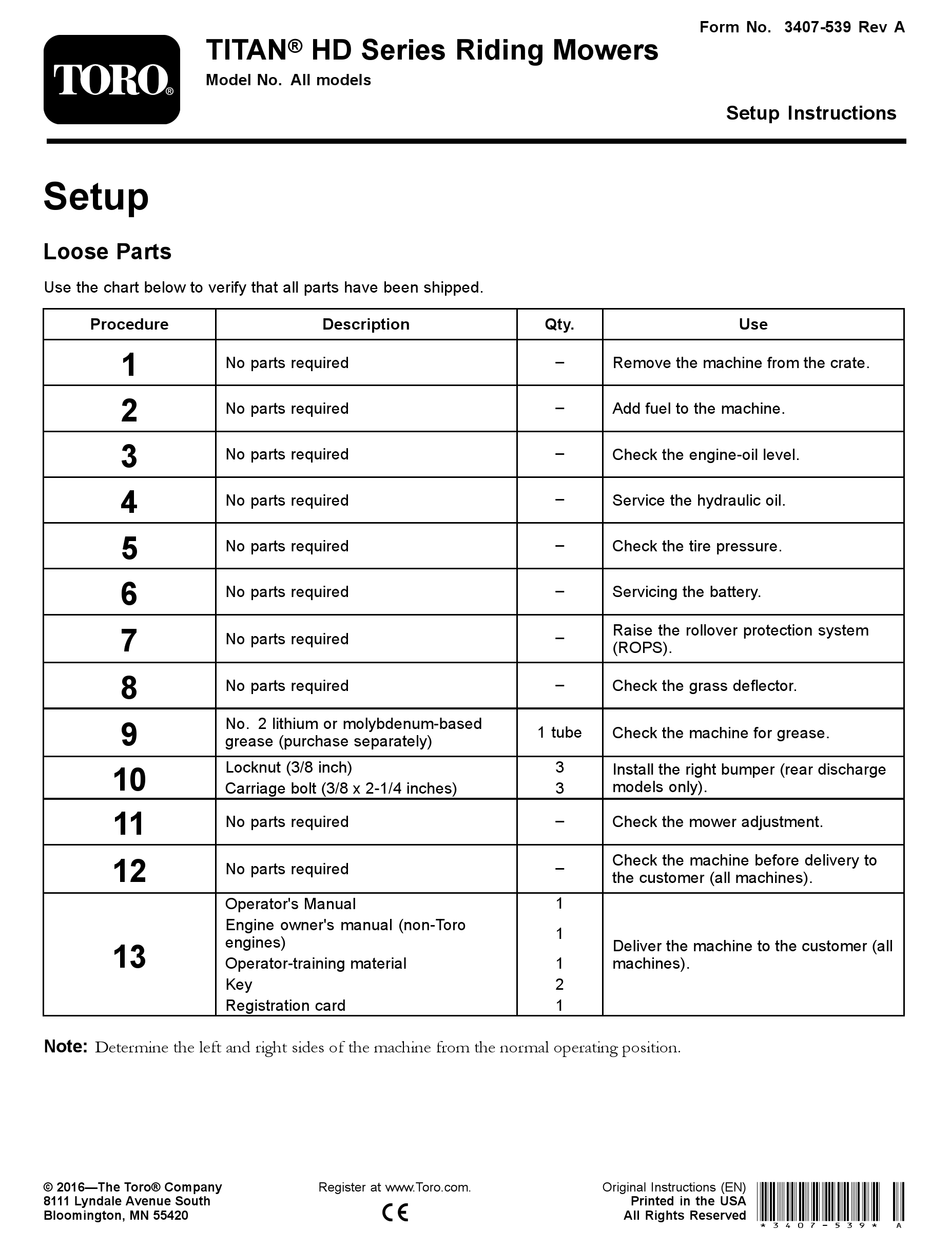 TORO TITAN HD SERIES SETUP INSTRUCTIONS Pdf Download ManualsLib