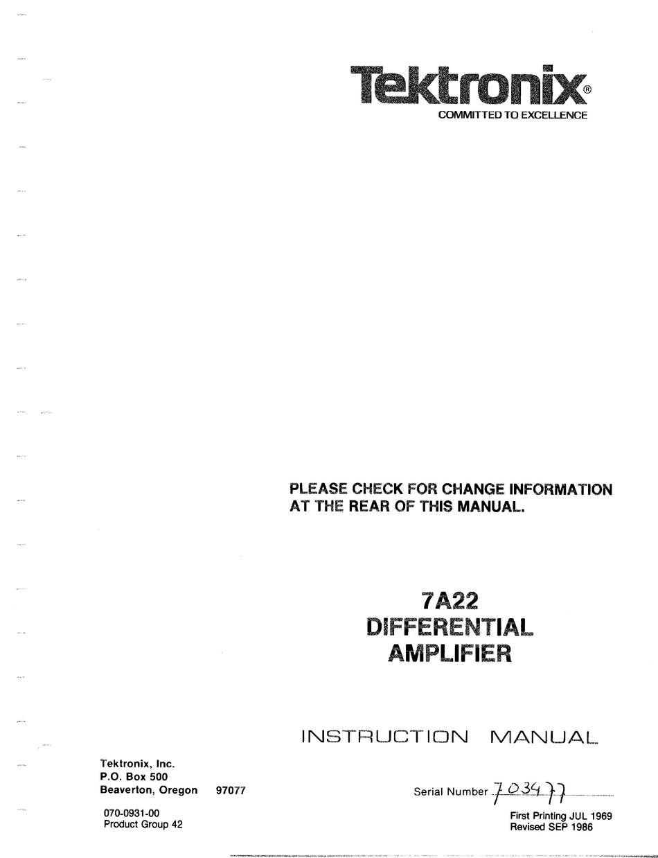 Original Tektronix Instruction Manual for the 7A22 Diff amp plugin