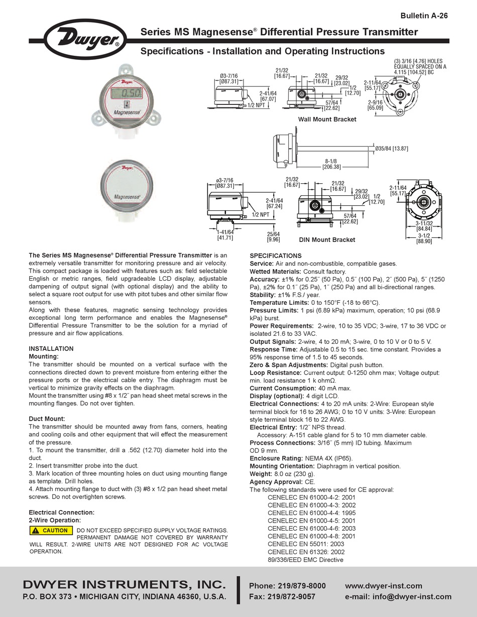 Dwyer Instruments Ms 021 Installation And Operating Instructions Pdf Download Manualslib