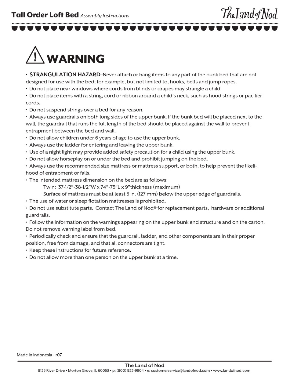 THE LAND OF NOD TALL ORDER LOFT BED ASSEMBLY INSTRUCTIONS MANUAL Pdf